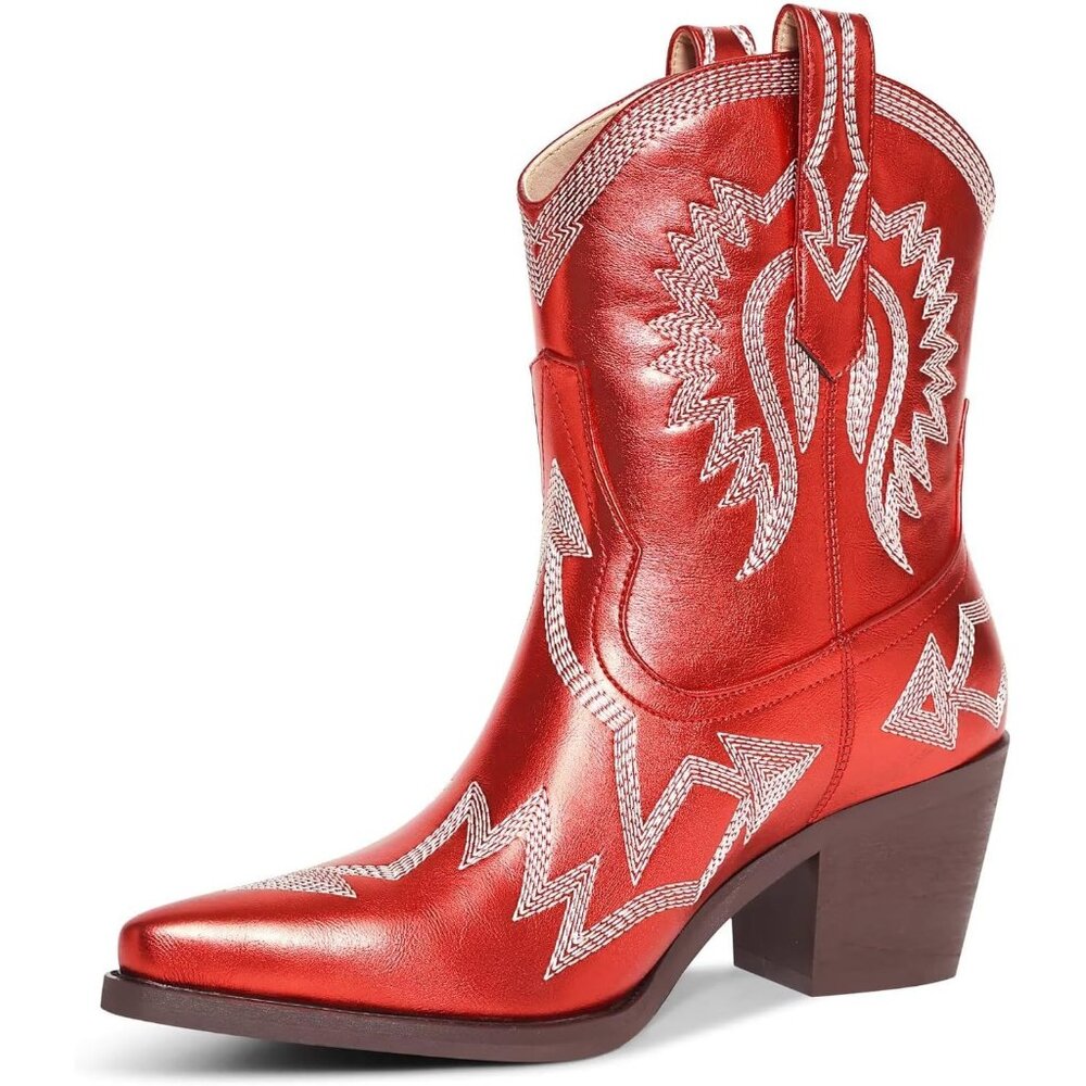 ⚡Women's Red Metallic Embroidered Pointed Toe Cowgirl Boots Chunky Heel Pull On